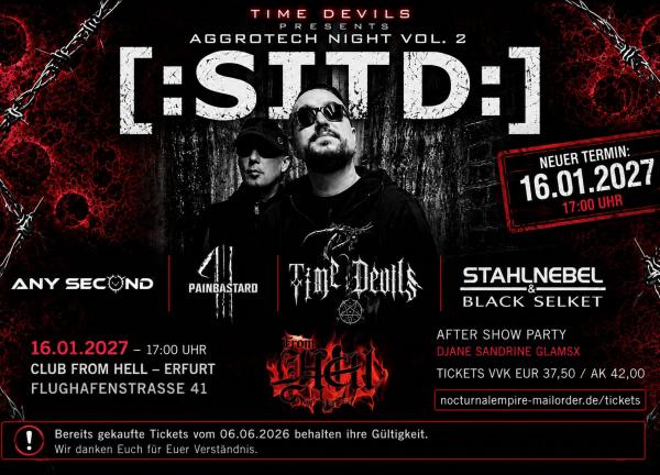16.01.2027: Aggrotech Night - [:SITD:] + Time Devils + Stahlnebel&Black Selket + Painbastard + Any Second im Club From Hell in Erfurt